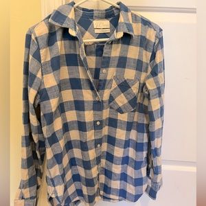 J. Crew Women’s Button Down Flannel in Cream and Blue, Size 8, Classic Cut
